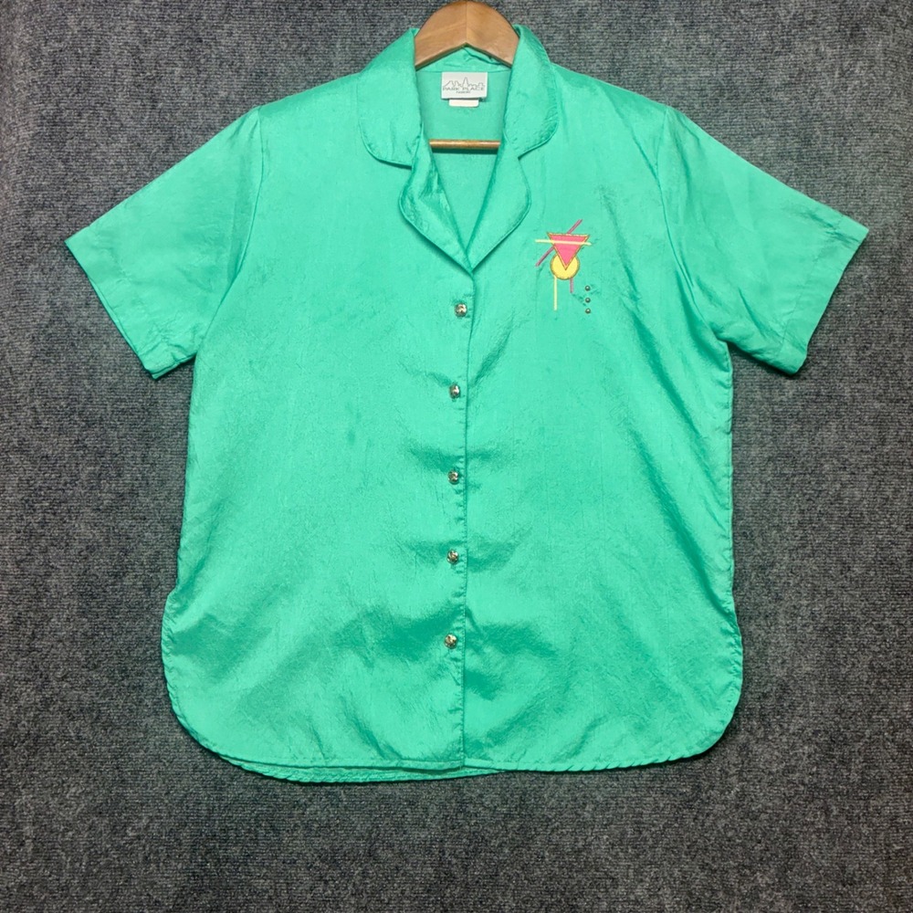 VTG 80s Park Place Fashion Geometric Embroidered Resort Shirt Mint Green